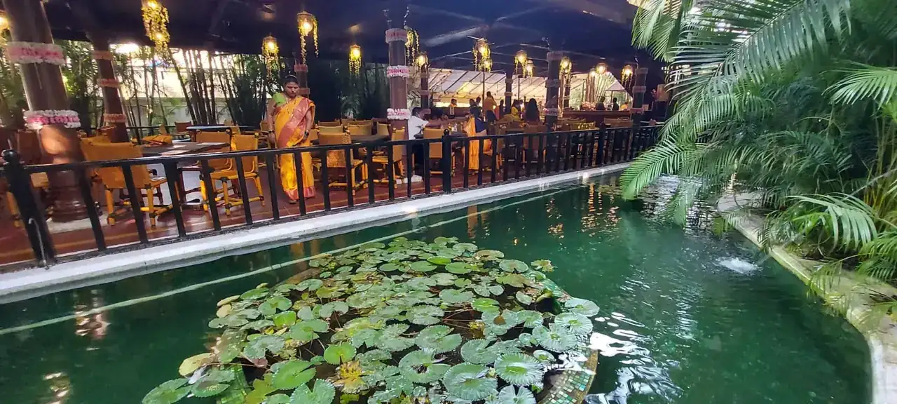 Lily pond beside the restaurant seating at Exotica